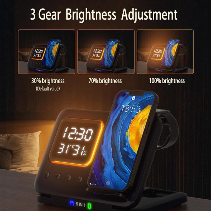 15W Wireless Chargers Stand 5 In1 LED Digital Alarm Clock Fast Charging Dock Station - Bilde 7
