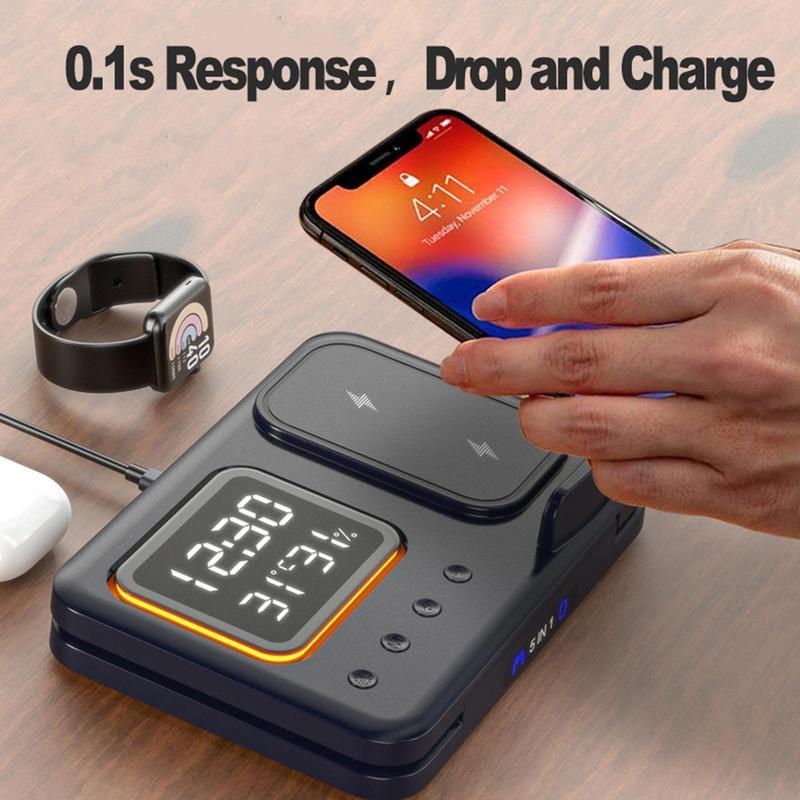 15W Wireless Chargers Stand 5 In1 LED Digital Alarm Clock Fast Charging Dock Station - Bilde 5