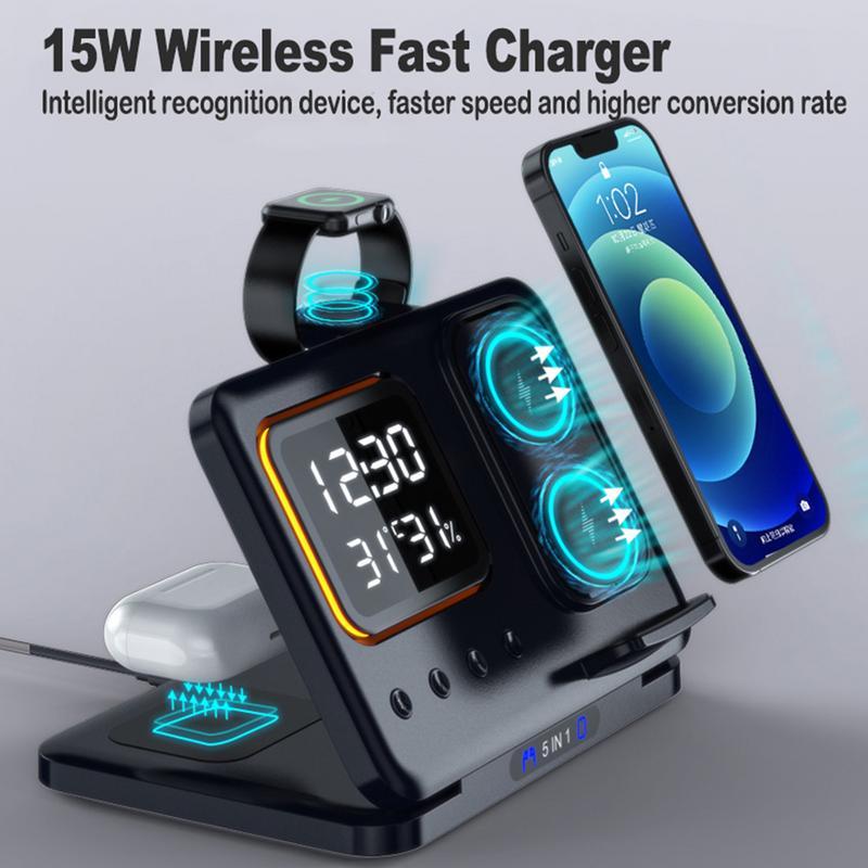 15W Wireless Chargers Stand 5 In1 LED Digital Alarm Clock Fast Charging Dock Station - Bilde 3