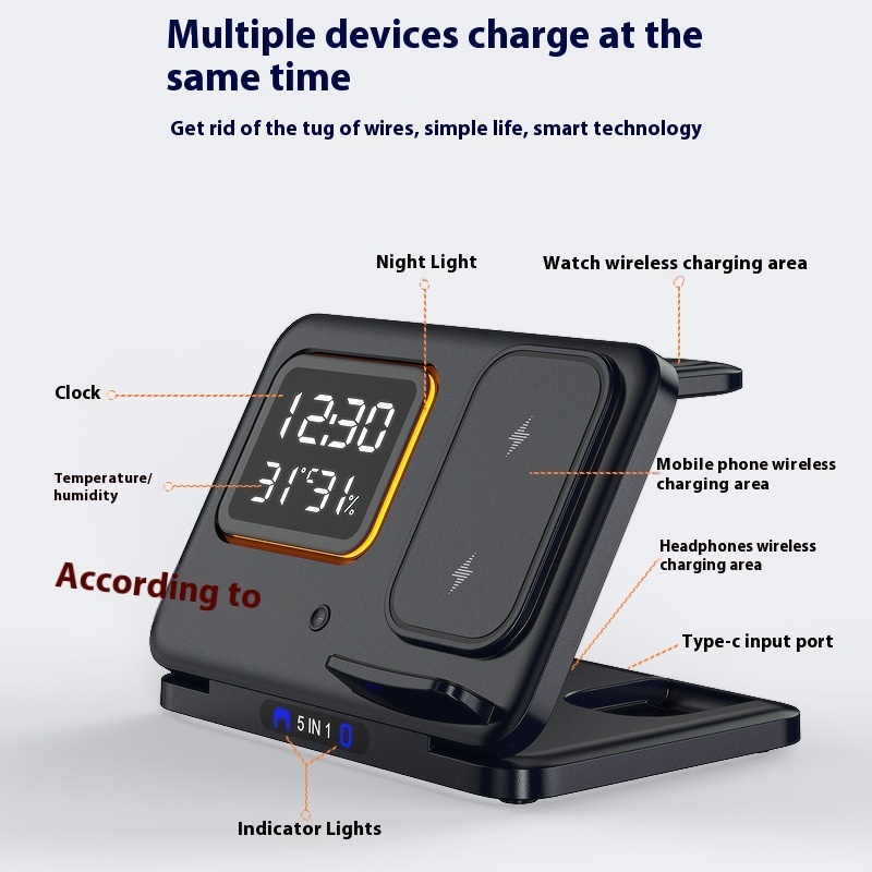 15W Wireless Chargers Stand 5 In1 LED Digital Alarm Clock Fast Charging Dock Station - Bilde 6