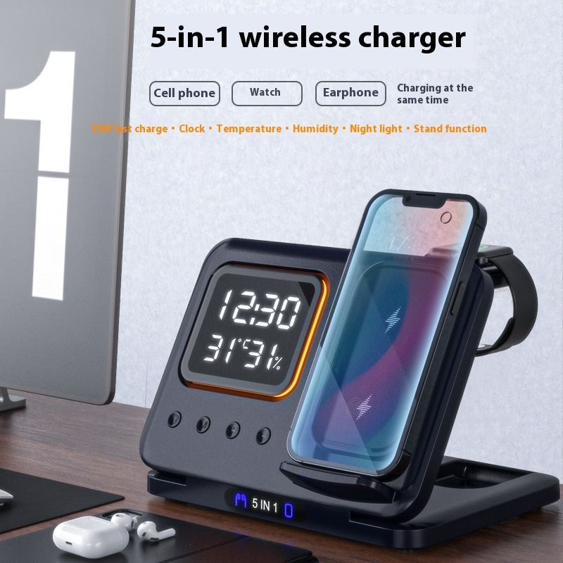 15W Wireless Chargers Stand 5 In1 LED Digital Alarm Clock Fast Charging Dock Station - Bilde 9